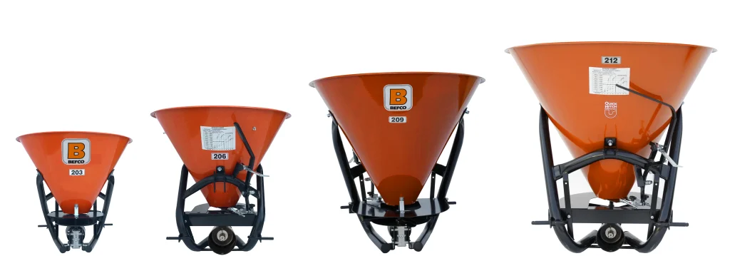 BEFCO HOP broadcast fertilizer spreaders in four sizes. Models 203, 206, 209 and 212 for a tractors with Cat.1 three-point hitch.