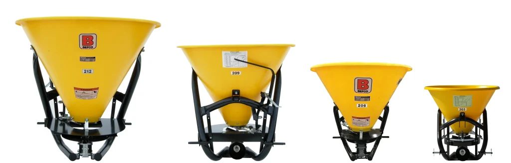 BEFCO Poly-Hop broadcast fertilizer spreaders in four sizes. Models 203, 206, 209 and 212 for a tractors with Cat.1 three-point hitch.
