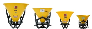 BEFCO Poly-Hop broadcast fertilizer spreaders in four sizes. Models 203, 206, 209 and 212 for a tractors with Cat.1 three-point hitch.